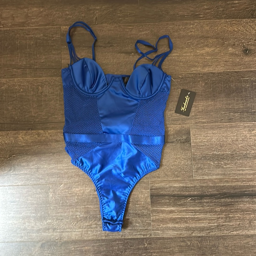 Frederick's Of Hollywood Kendall Blue Mesh Bodysuit, size small NWT